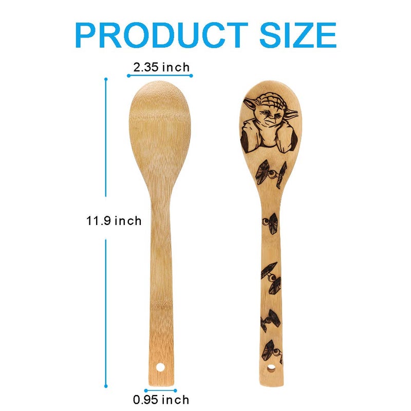 HYGNN Star War Burned Wooden Spoons Utensil Set Gift Idea Cooking Serving Utensils Natural Bamboo Kitchen House Warming Presents Slotted Spoon 5 Piece - Image 2